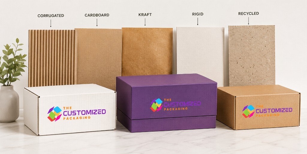 Premium materials: corrugated, cardboard, kraft, rigid, and recycled samples with branded custom boxes