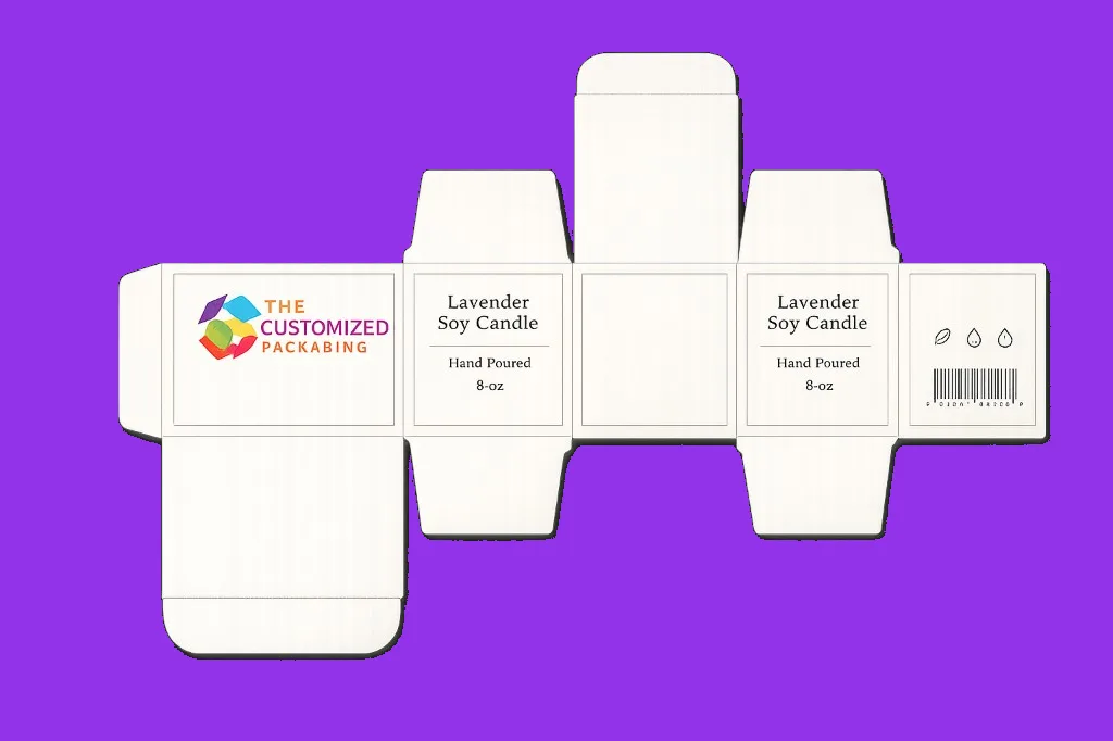 Dieline with brand artwork applied for Lavender Soy Candle packaging