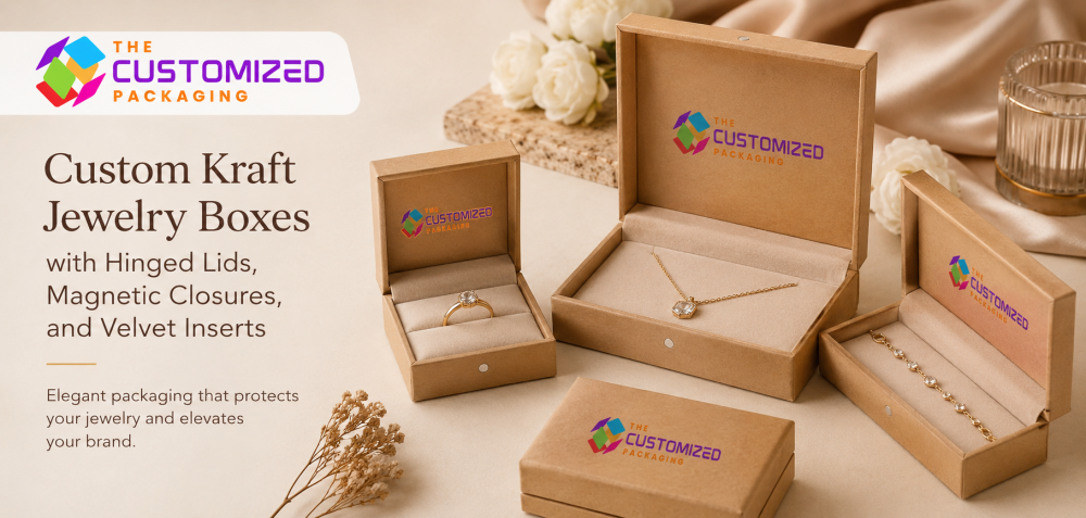 Custom Kraft Jewelry Boxes with Hinged Lids, Magnetic Closures, and Velvet Inserts