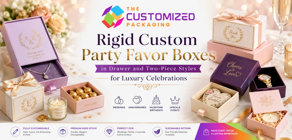 Rigid Custom Party Favor Boxes in Drawer and Two-Piece Styles for Luxury Celebrations