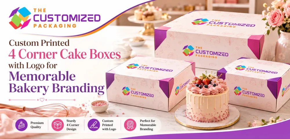 Custom Printed 4 Corner Cake Boxes with Logo for Memorable Bakery Branding