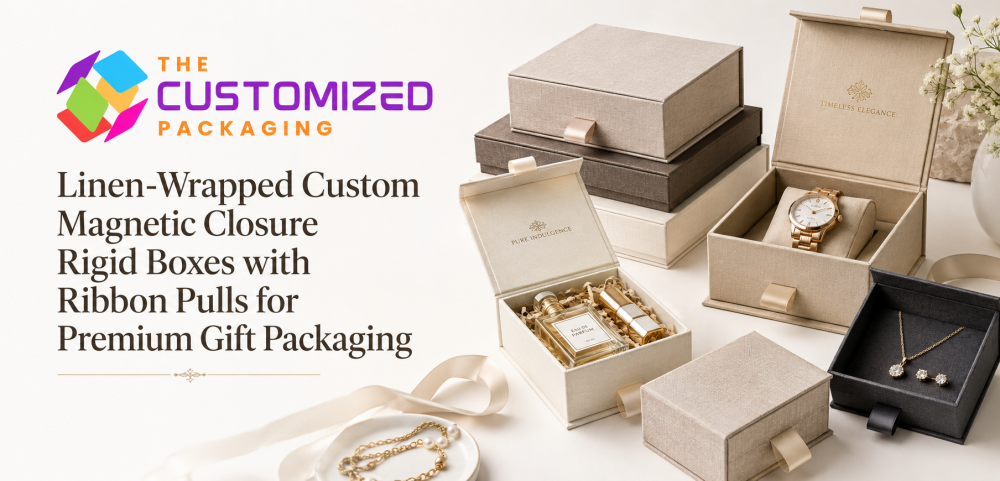 Linen-Wrapped Custom Magnetic Closure Rigid Boxes with Ribbon Pulls for Premium Gift Packaging