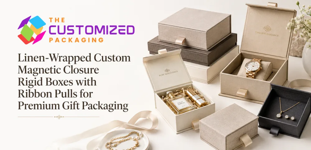 Linen-Wrapped Custom Magnetic Closure Rigid Boxes with Ribbon Pulls for Premium Gift Packaging