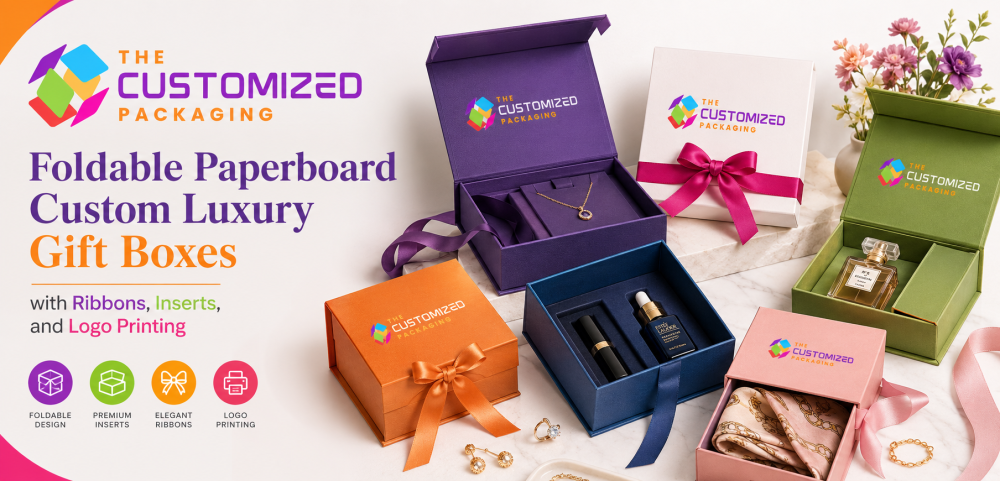 Foldable Paperboard Custom Luxury Gift Boxes with Ribbons, Inserts, and Logo Printing