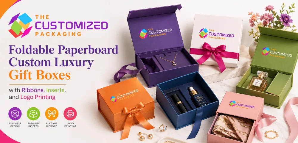 Foldable Paperboard Custom Luxury Gift Boxes with Ribbons, Inserts, and Logo Printing
