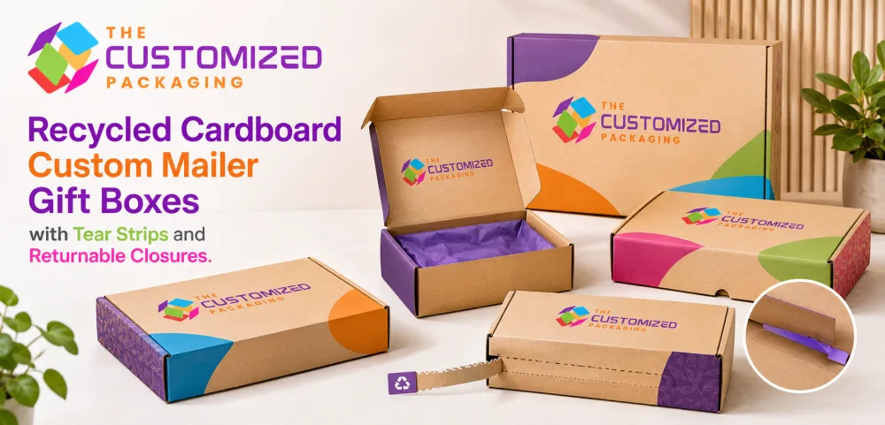 Recycled Cardboard Custom Mailer Gift Boxes with Tear Strips and Returnable Closures