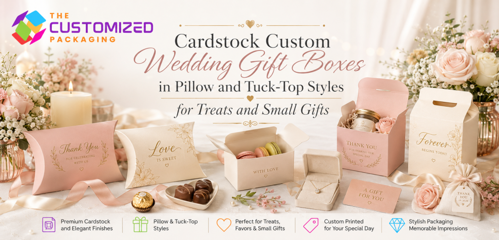 Cardstock Custom Wedding Gift Boxes in Pillow and Tuck-Top Styles for Treats and Small Gifts