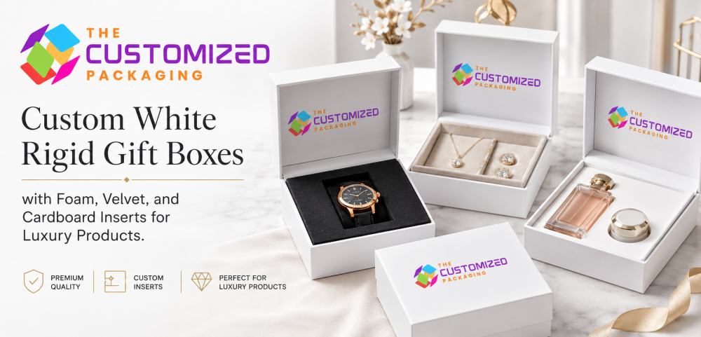 Custom White Rigid Gift Boxes with Foam, Velvet, and Cardboard Inserts for Luxury Products