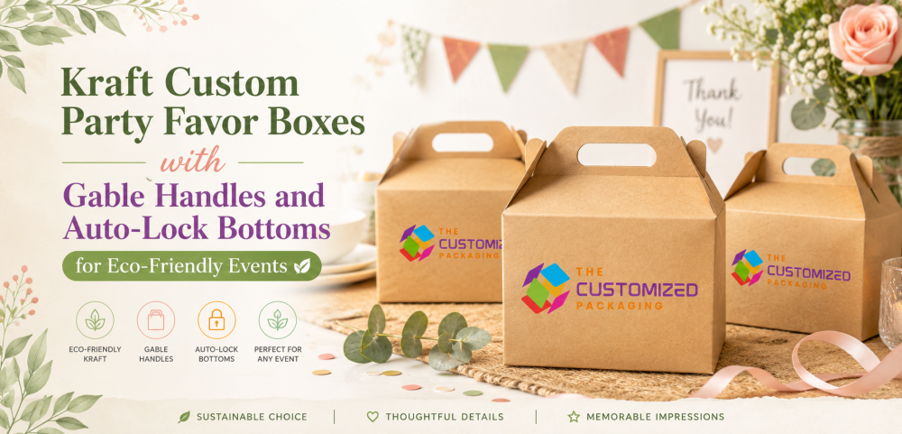 Kraft Custom Party Favor Boxes with Gable Handles and Auto-Lock Bottoms for Eco-Friendly Events