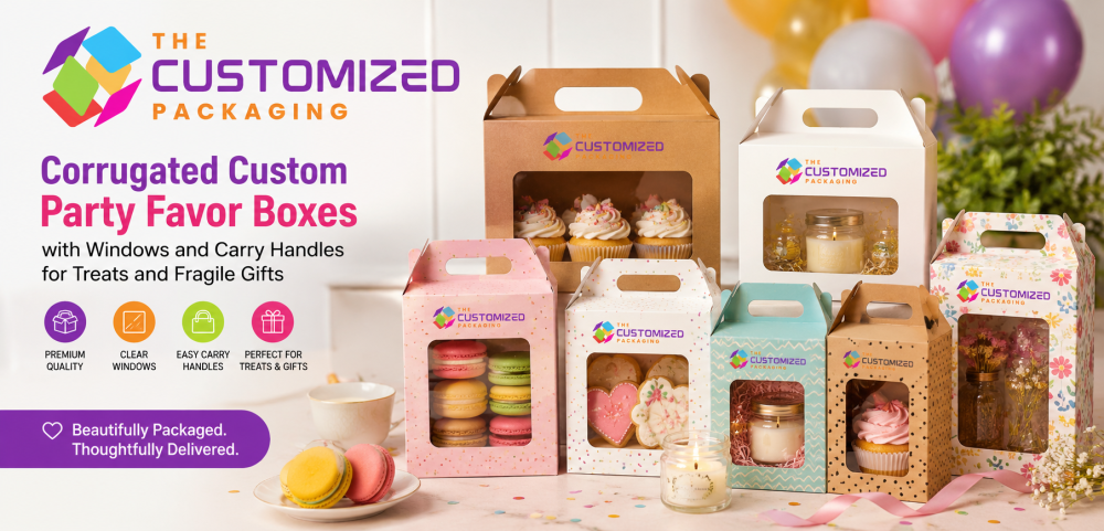 Corrugated Custom Party Favor Boxes with Windows and Carry Handles for Treats and Fragile Gifts