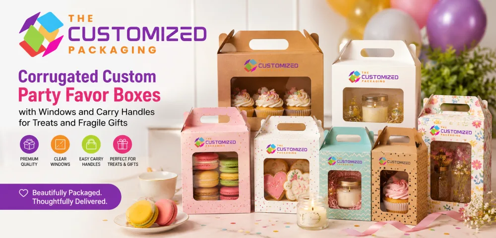 Corrugated Custom Party Favor Boxes with Windows and Carry Handles for Treats and Fragile Gifts
