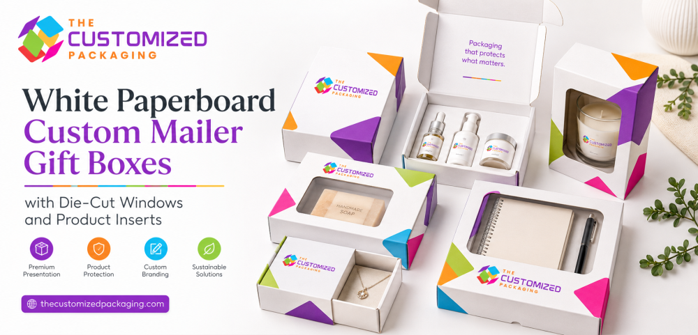 White Paperboard Custom Mailer Gift Boxes with Die-Cut Windows and Product Inserts