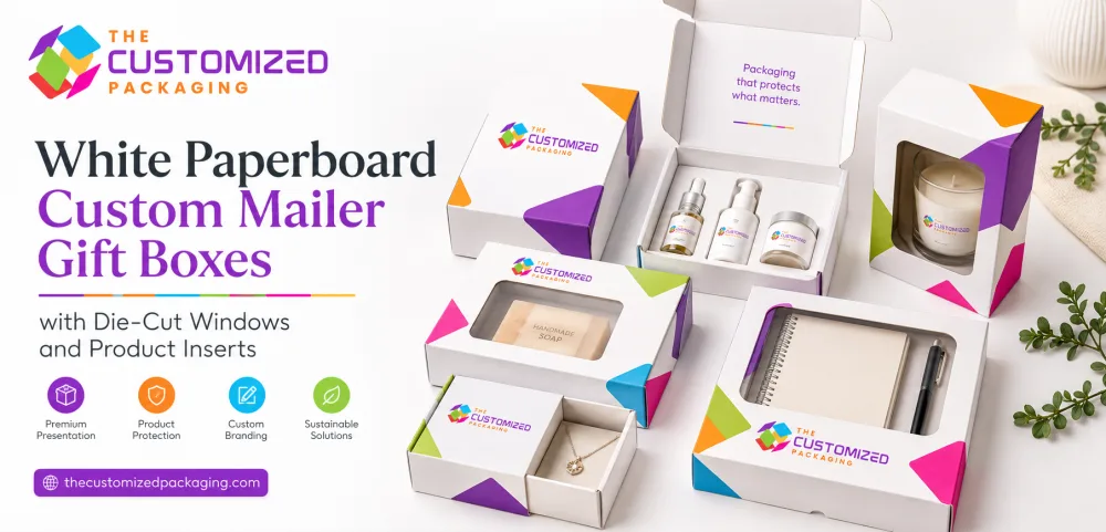 White Paperboard Custom Mailer Gift Boxes with Die-Cut Windows and Product Inserts